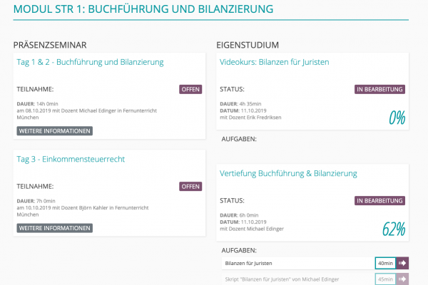 LMS für Fachseminare von Fürstenberg - Screenshot Dashboard