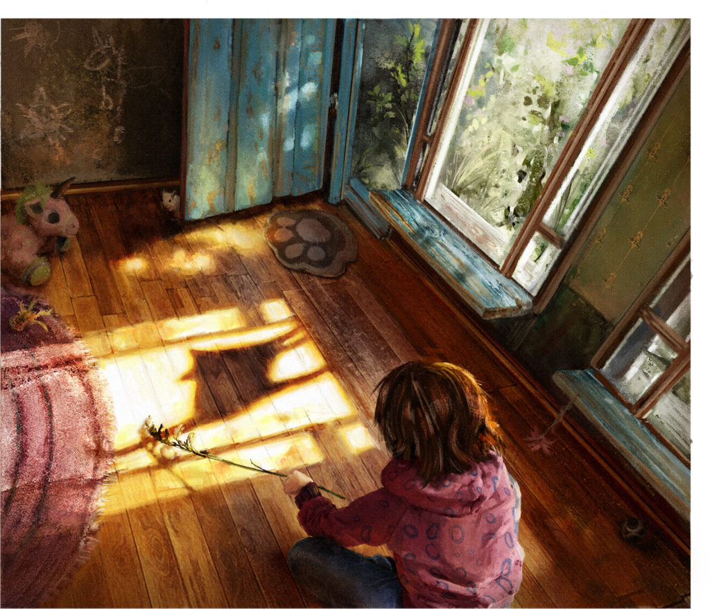 digitale Zeichnung eines Mädchens, das den auf den Boden geworfenen Schatten einer Katze mit einem Ast streichelt