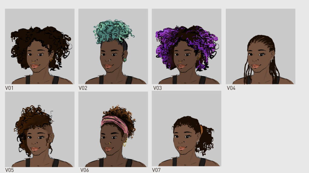 unterschiedliche Versionen der Frisur der Hauptfigur des Visual Novel Game "Jeannes Reise"