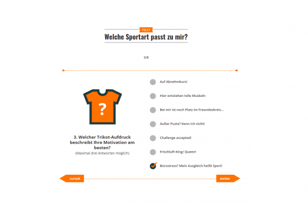Screenshot Onlinetest zur Sportartenwahl - Single Choice Aufgabe Auswertung