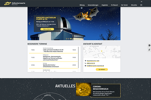 Screenshot der Website für die Volkssternwarte München