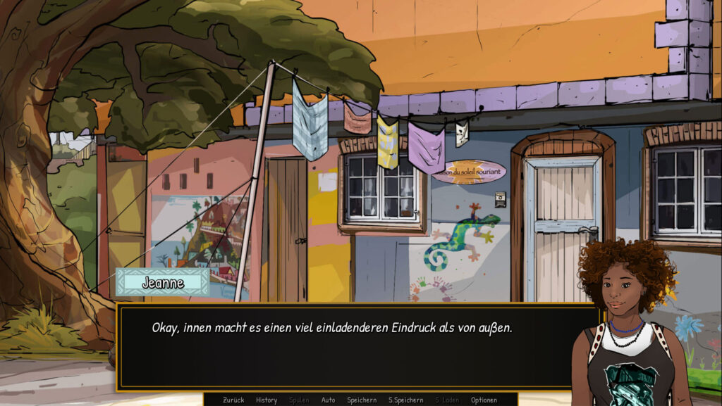 Screenshot einer Szene des Visual Novel Game "Jeannes Reise" im Hof eines Kinderheims