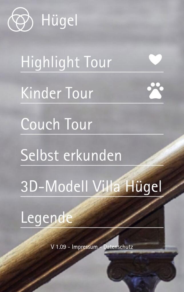 Screenshot von der Startseite der Villa Hügel App