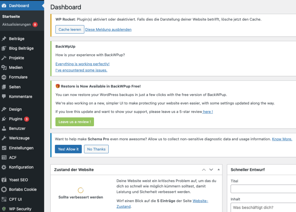 Dashboard von WordPress