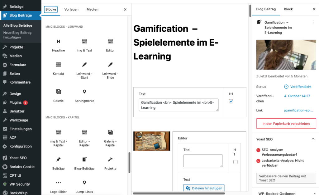 Screenshot von WordPress Seite der E-Learning Seite