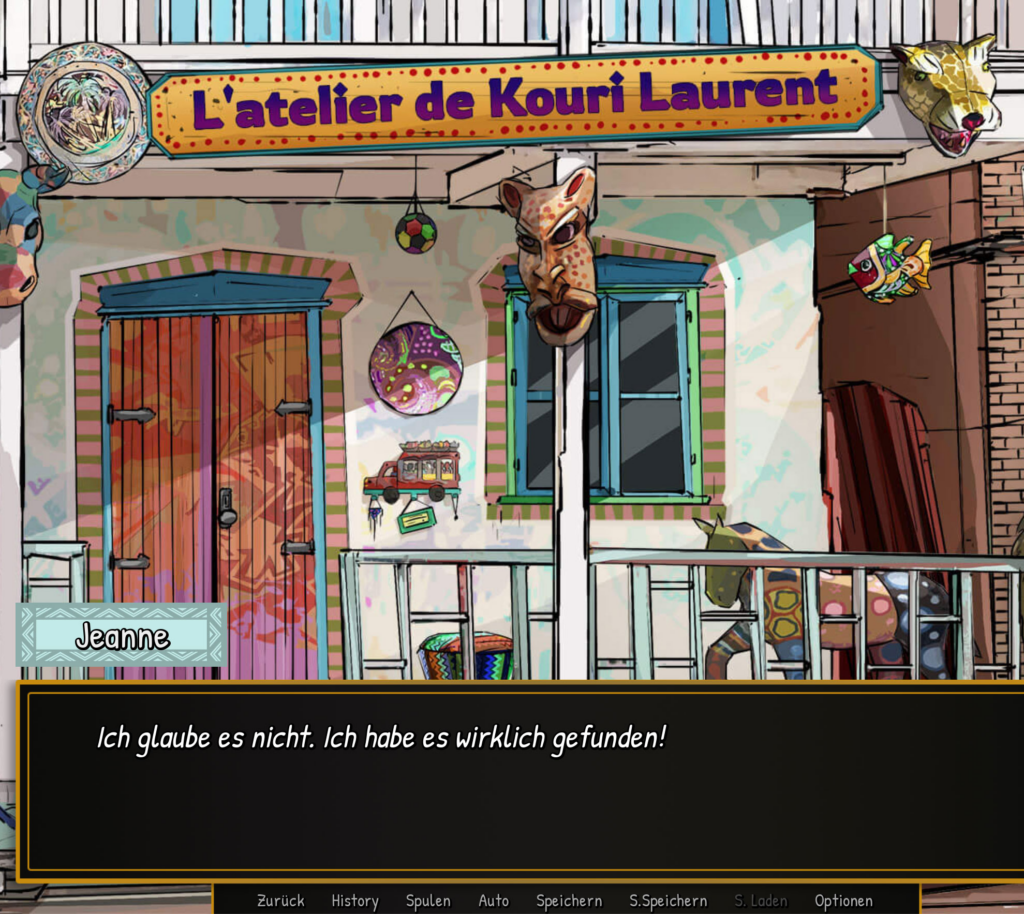 Illustrierte Szene mit Dialogsequenz aus dem Visual Novel Game "Jeannes Reise"