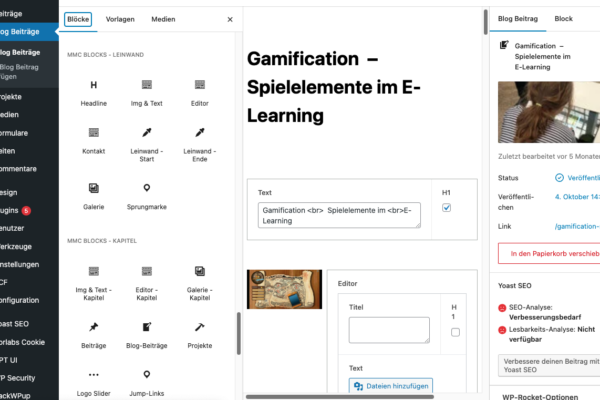 Screenshot der E-Learning-Seite der MMC wie sie in WordPress bearbeitet wird