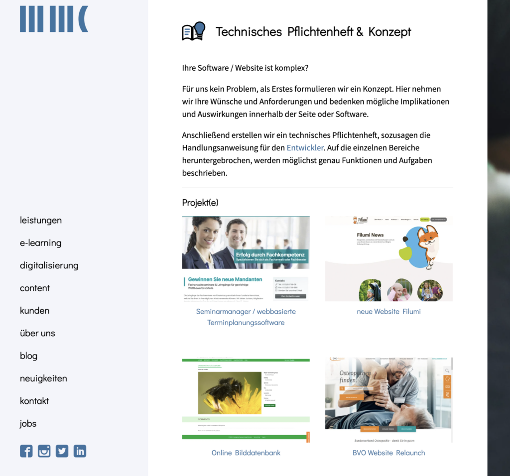 alte Seite der MMC-Agentur - Leistungen