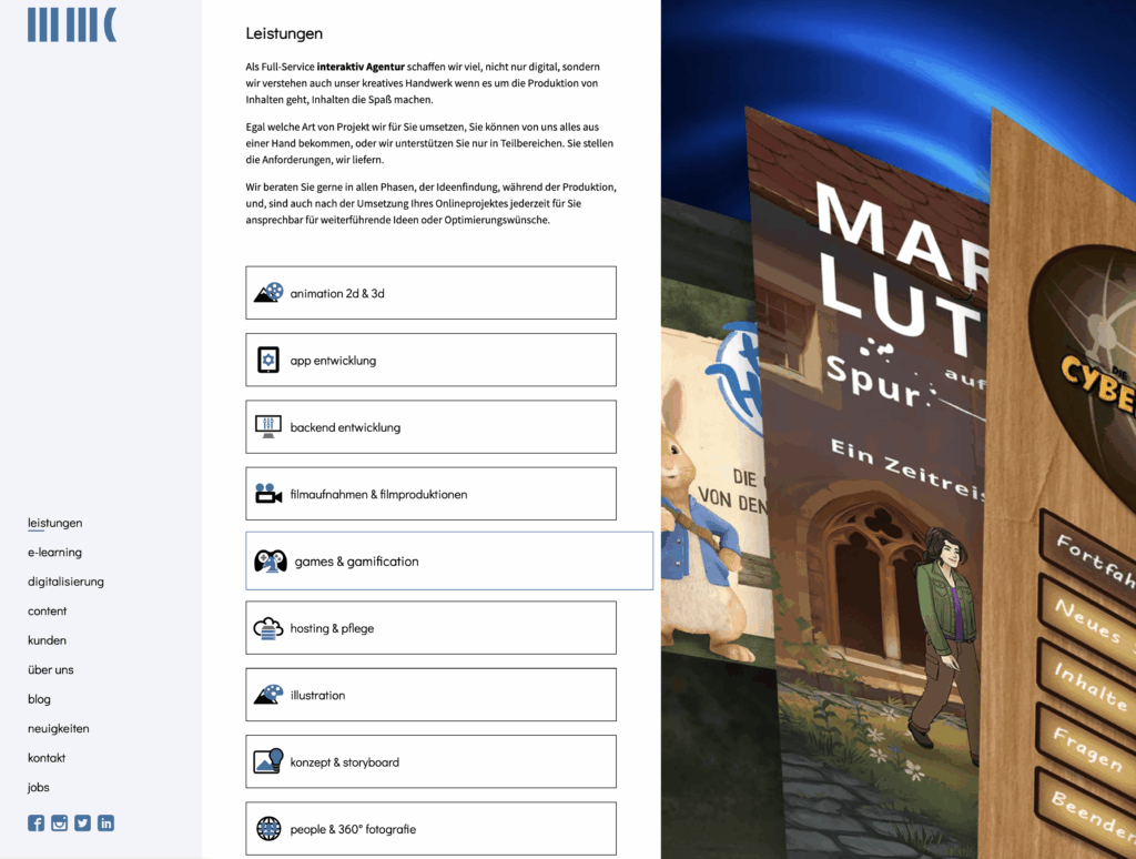 Screenshot der alten Startseite Leistungen der MMC-Agentur