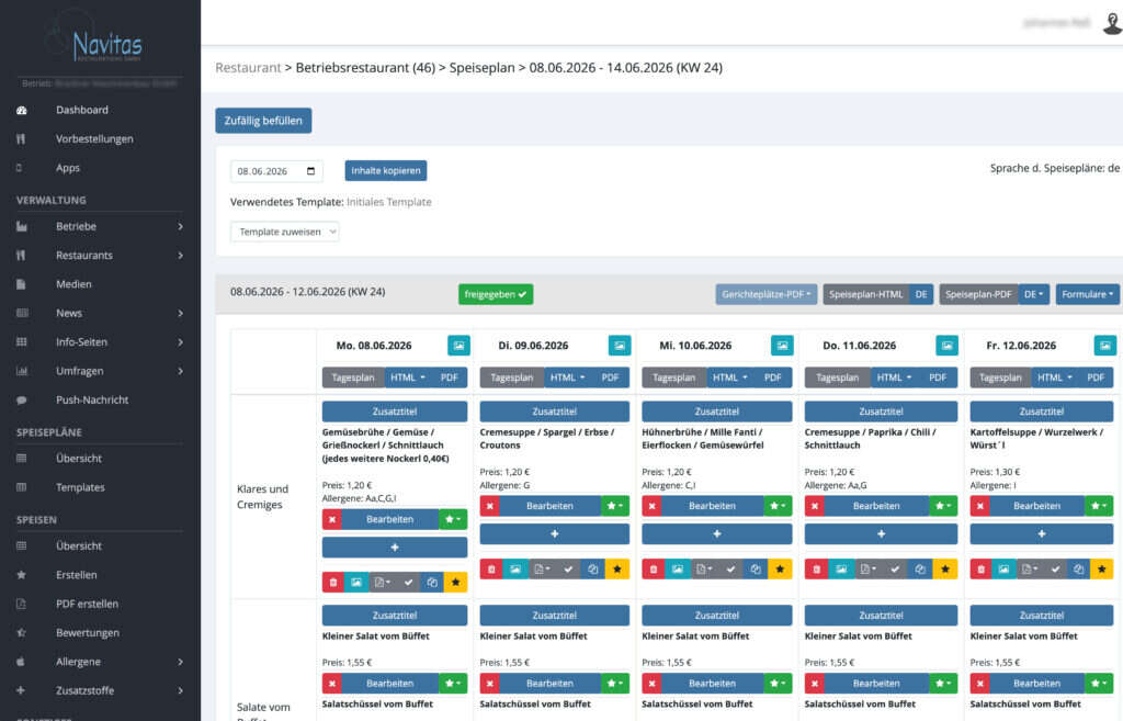 Screenshot des Kantinenverwaltungstools der Navitas.